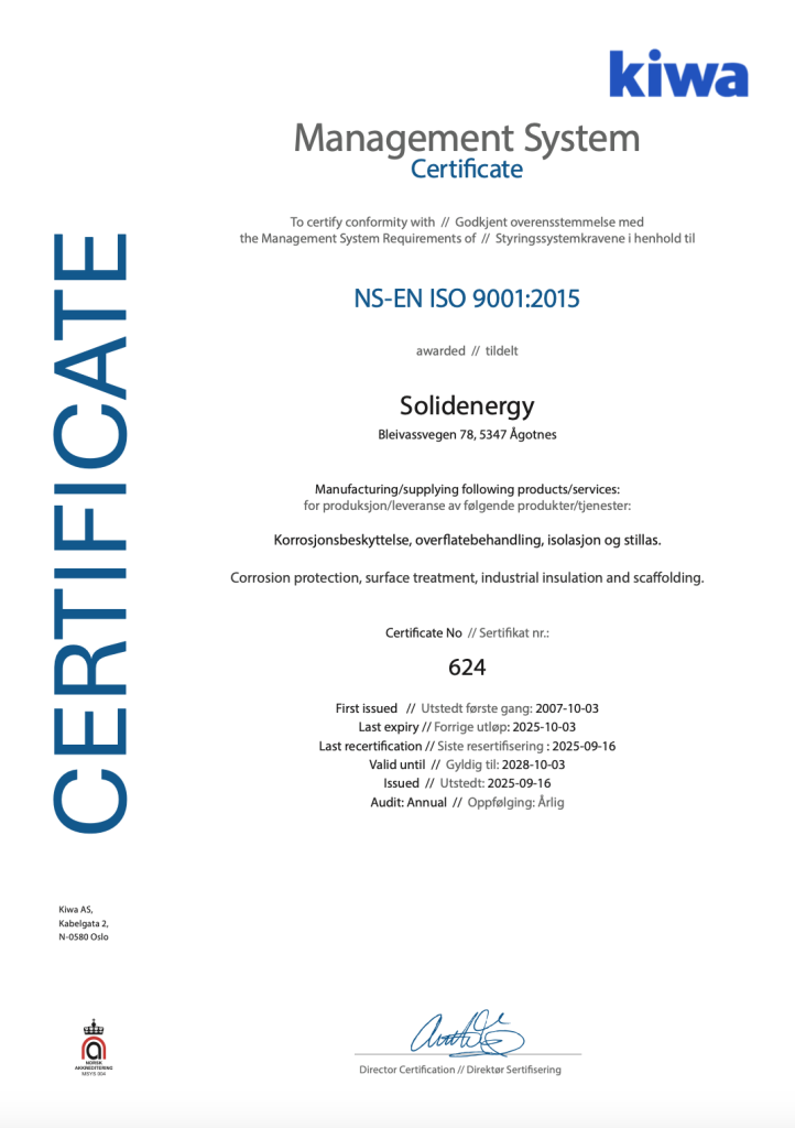 Certificate ISO 9001:2015, Solidenergy